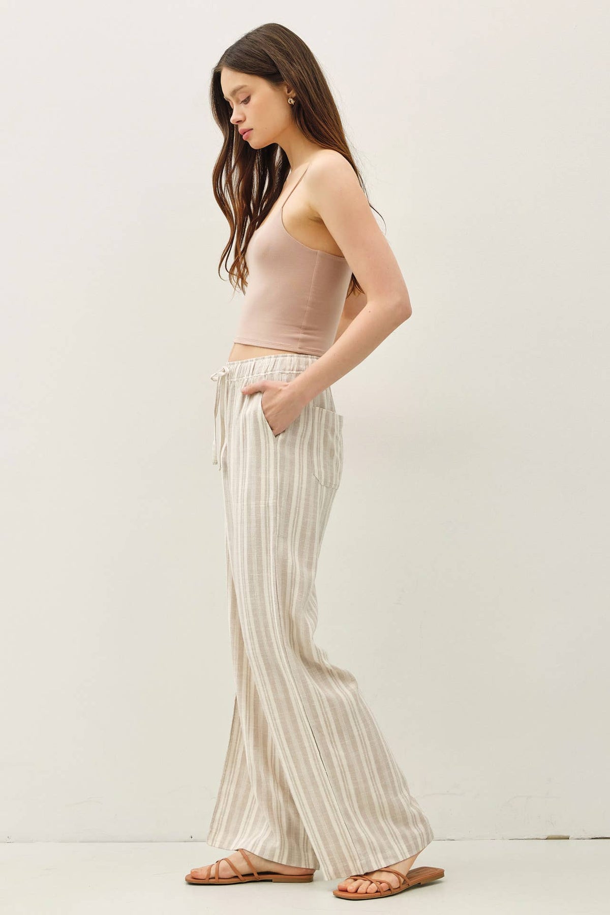 OMBRE STRIPED LINEN WIDE LEG PANTS: GREIGE, M