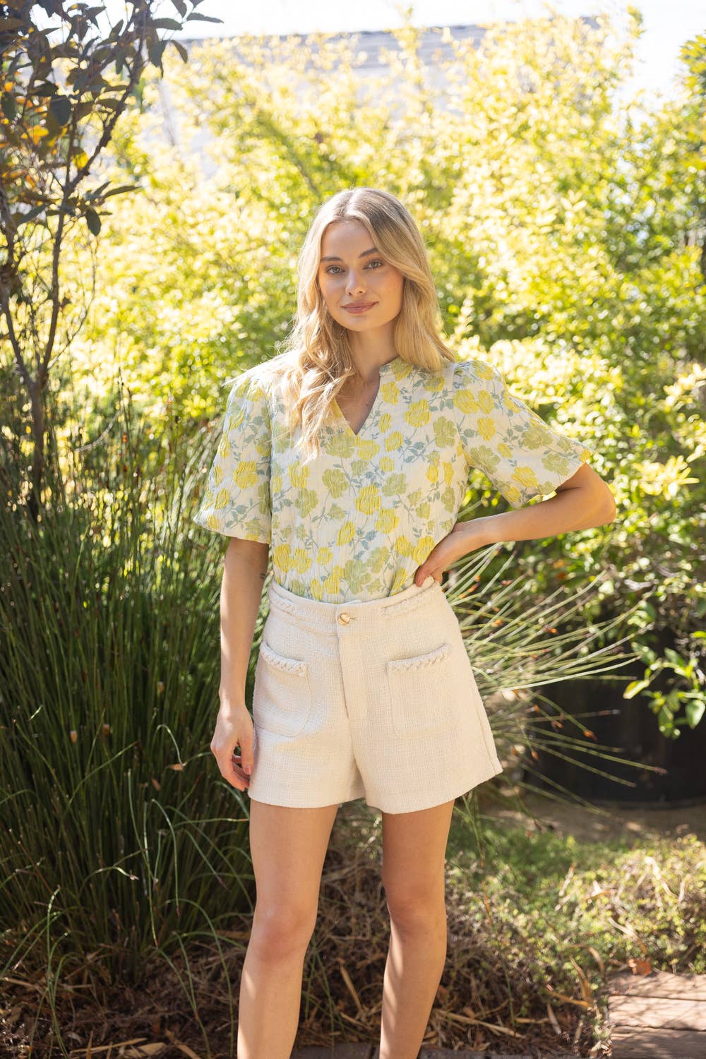 Floral Jaquard Puff Sleeve Top/yellow