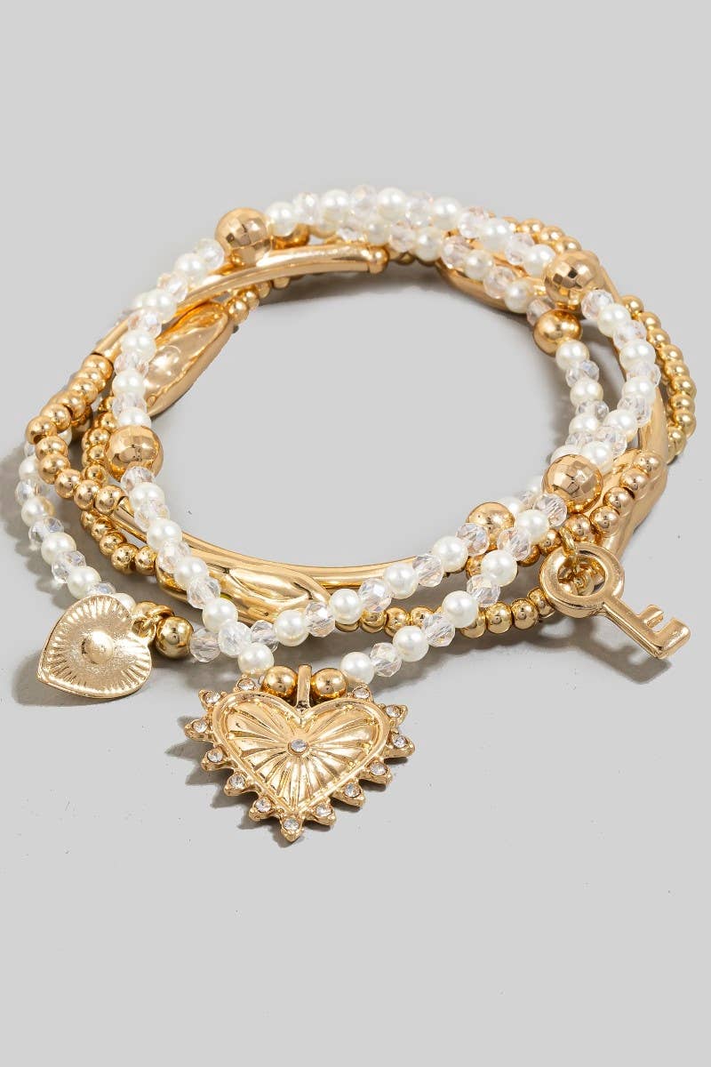 Heart And Key Charms Mixed Beaded Bracelet Set: Gold & White