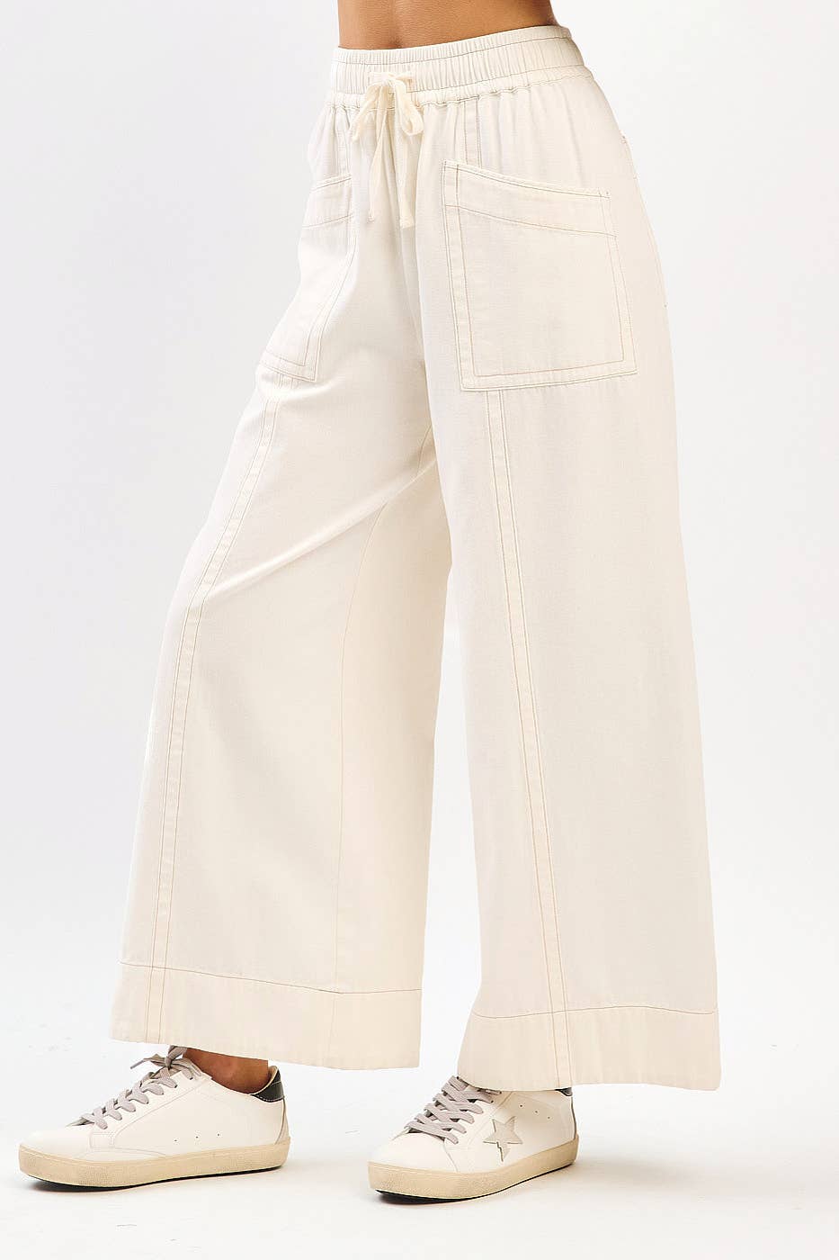 MINERAL WASH WIDE LEG ELASTIC WAIST TWILL PANTS: RED BEAN, S-M-L(2-2-2)