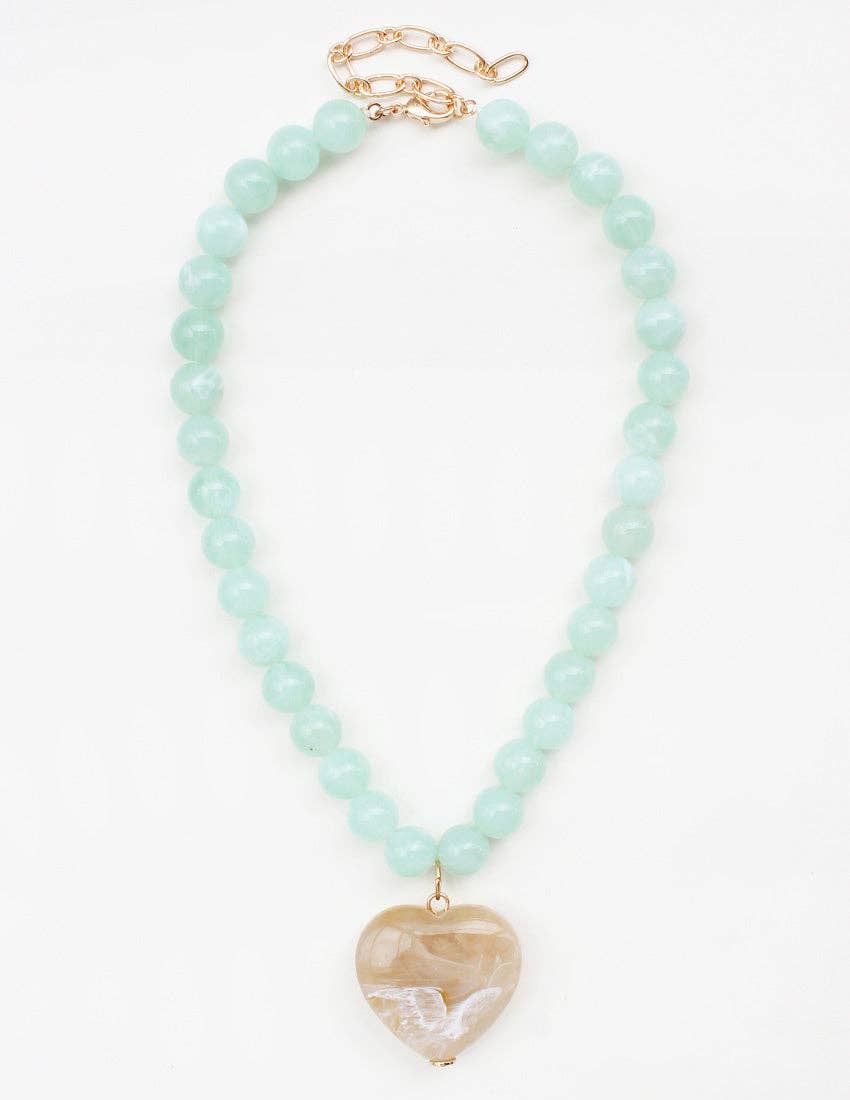 Mint Stone Circle with Tan Natural Stone Heart Charm 16"-18" Necklace