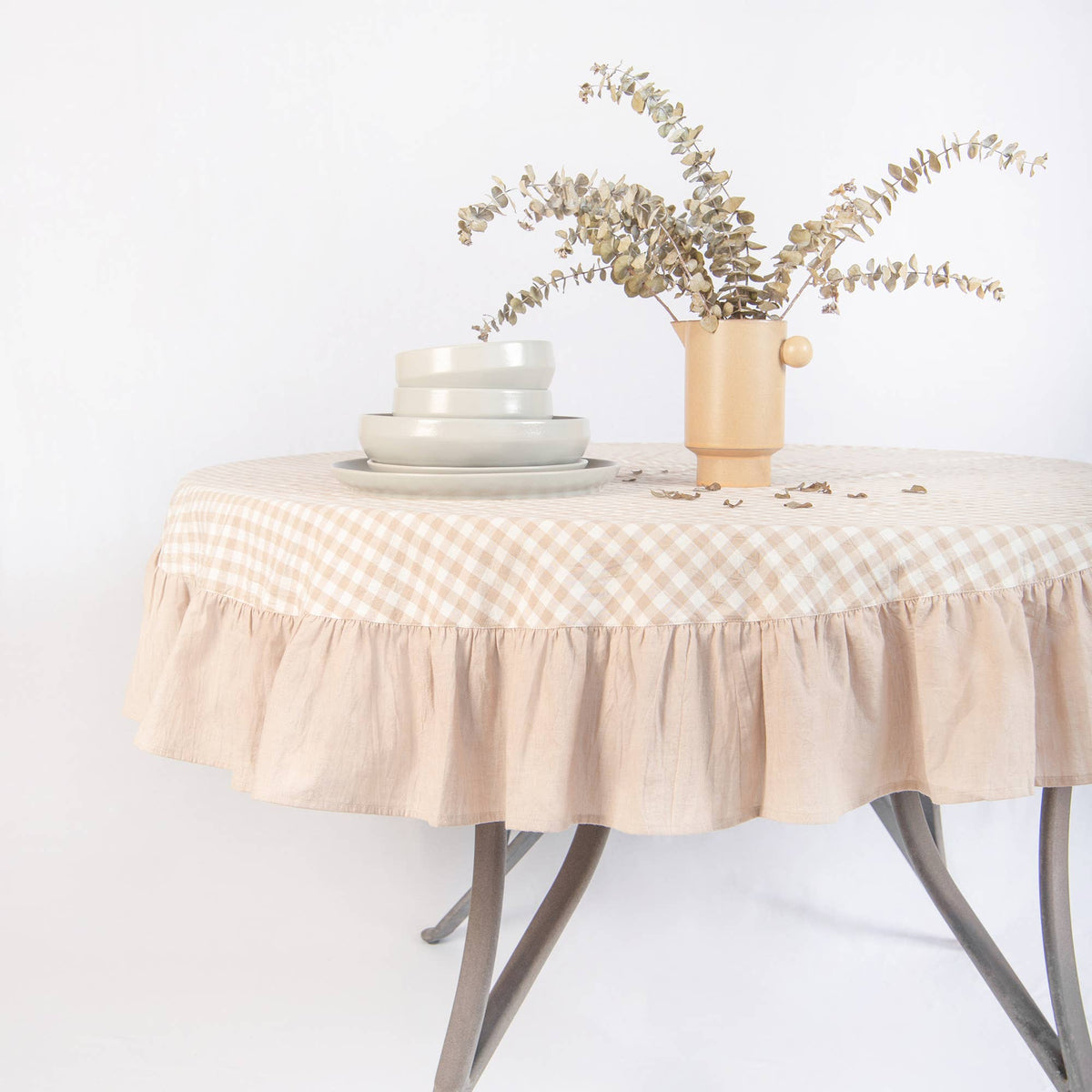 Taupe/White Gingham Ruffle Tablecloth - Beige: 60" round
