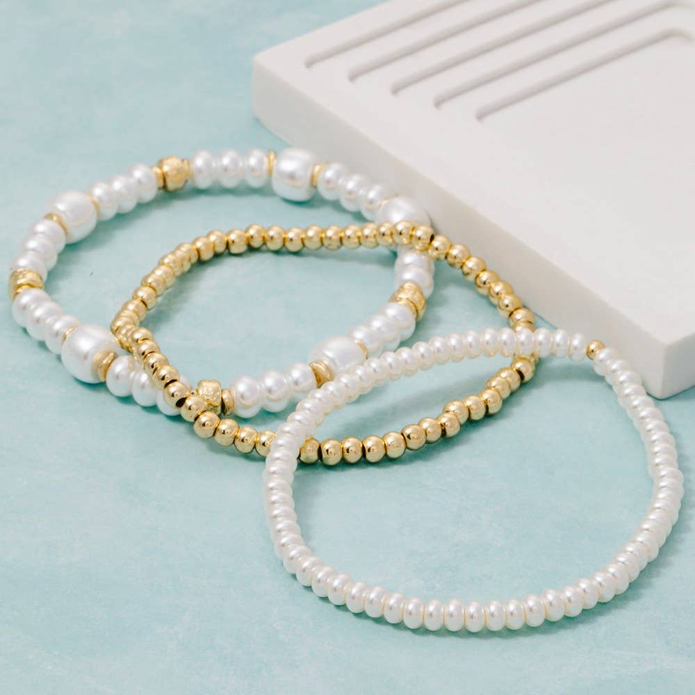Mixed Pearl And Metallic Beaded Bracelet Set