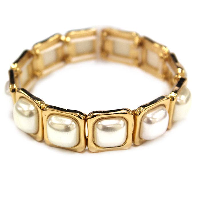 Gold Square with Pearl Stretch Bracelet
