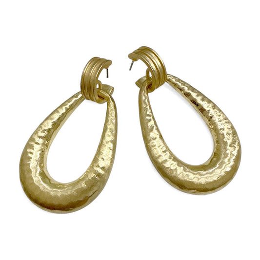 Matte Hammered Gold Teardrop 2" Earring