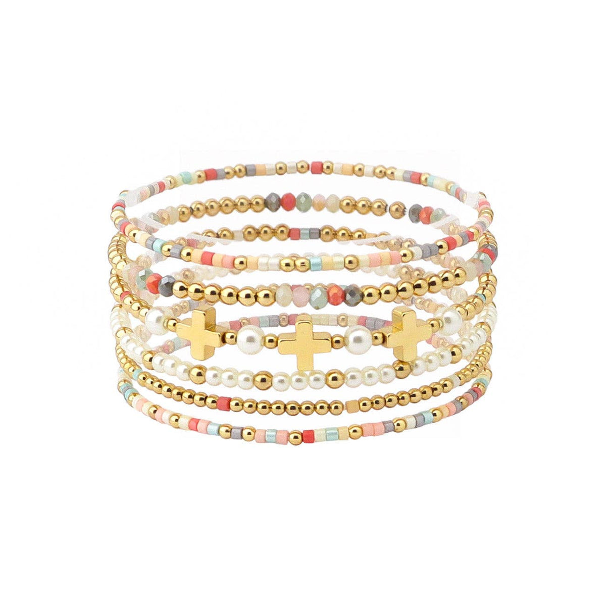 Set of 5 Gold Beaded with Multi Seed Bead and Gold Cross Stretch Bracelets