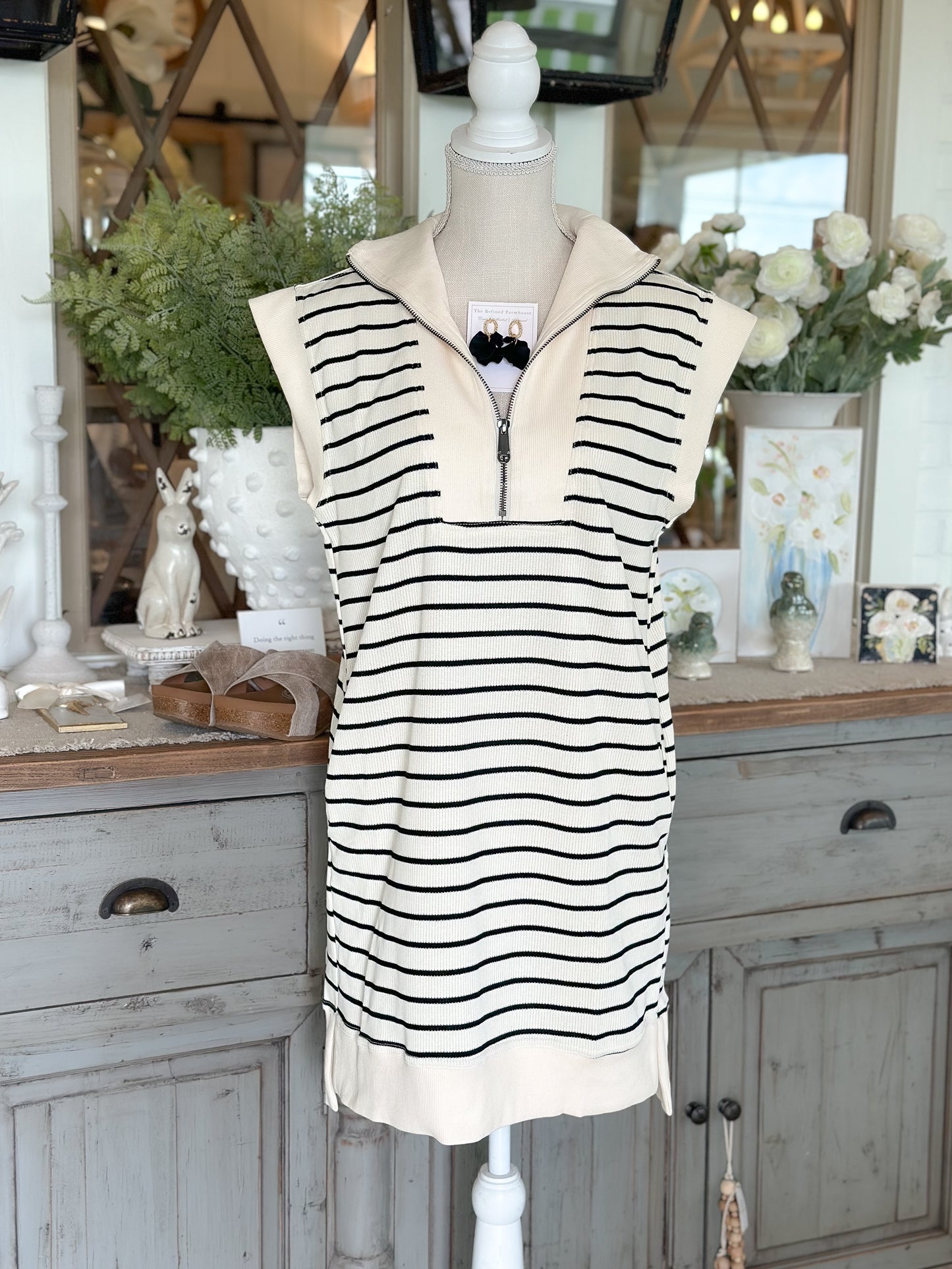 Cream-black striped ribbed dress