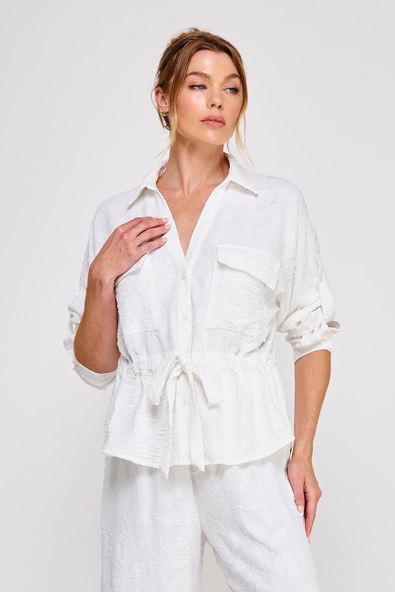 Jacquard utility tie-wait ls blouse: Taupe, L