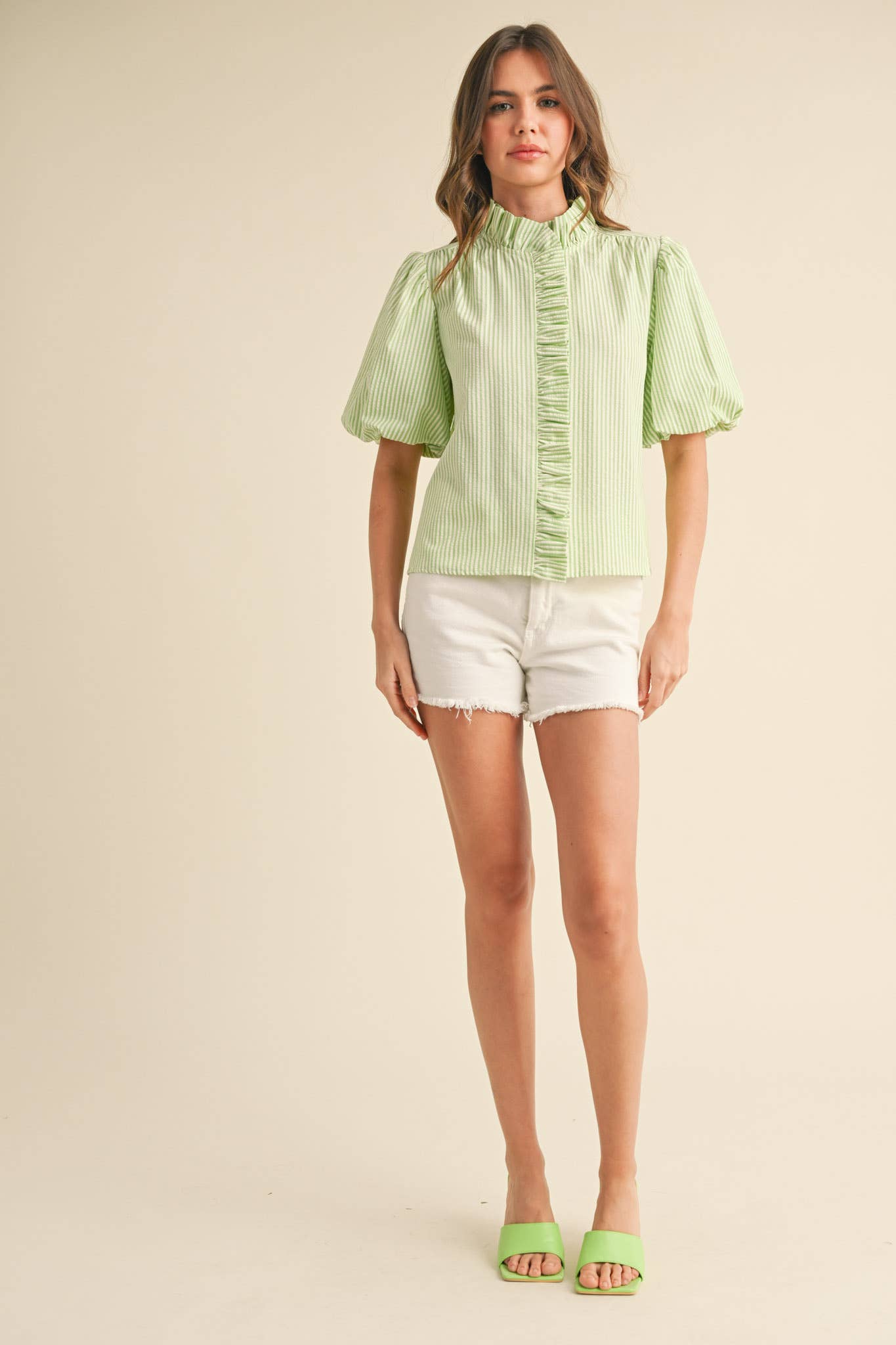 STRIPED RUFFLE BUTTON DOWN TOP MTP3750: PEACH CORAL, L