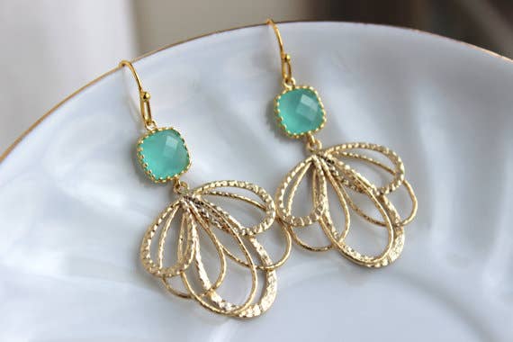 Gold Mint Feather Earrings