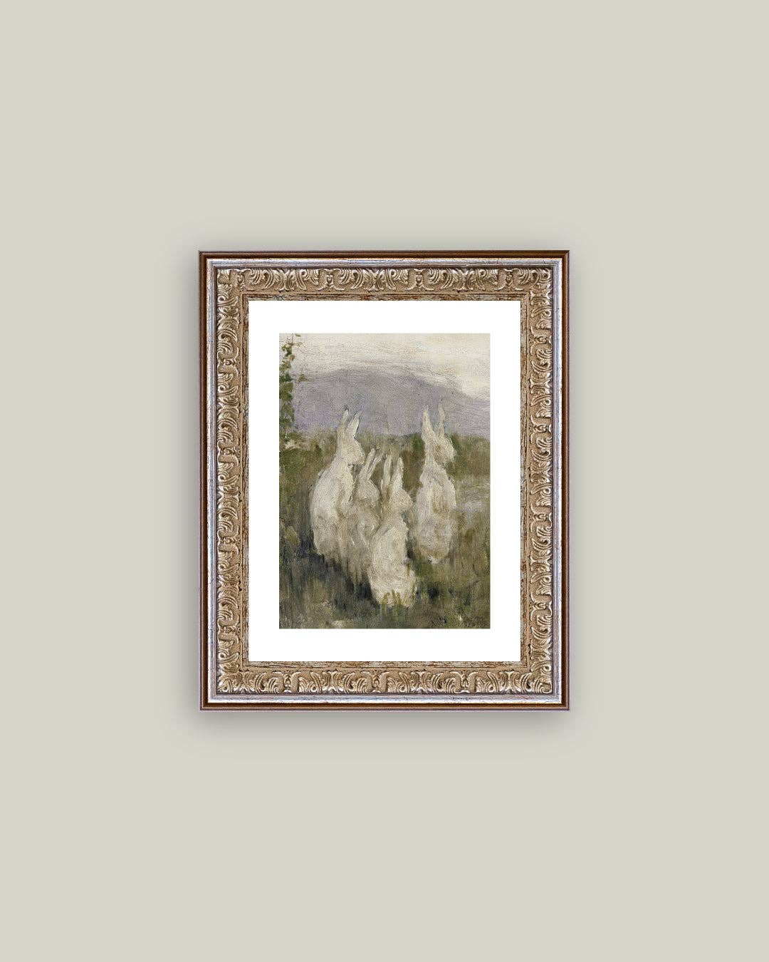 Bunnies in a Field Framed Antique Art: 8x10