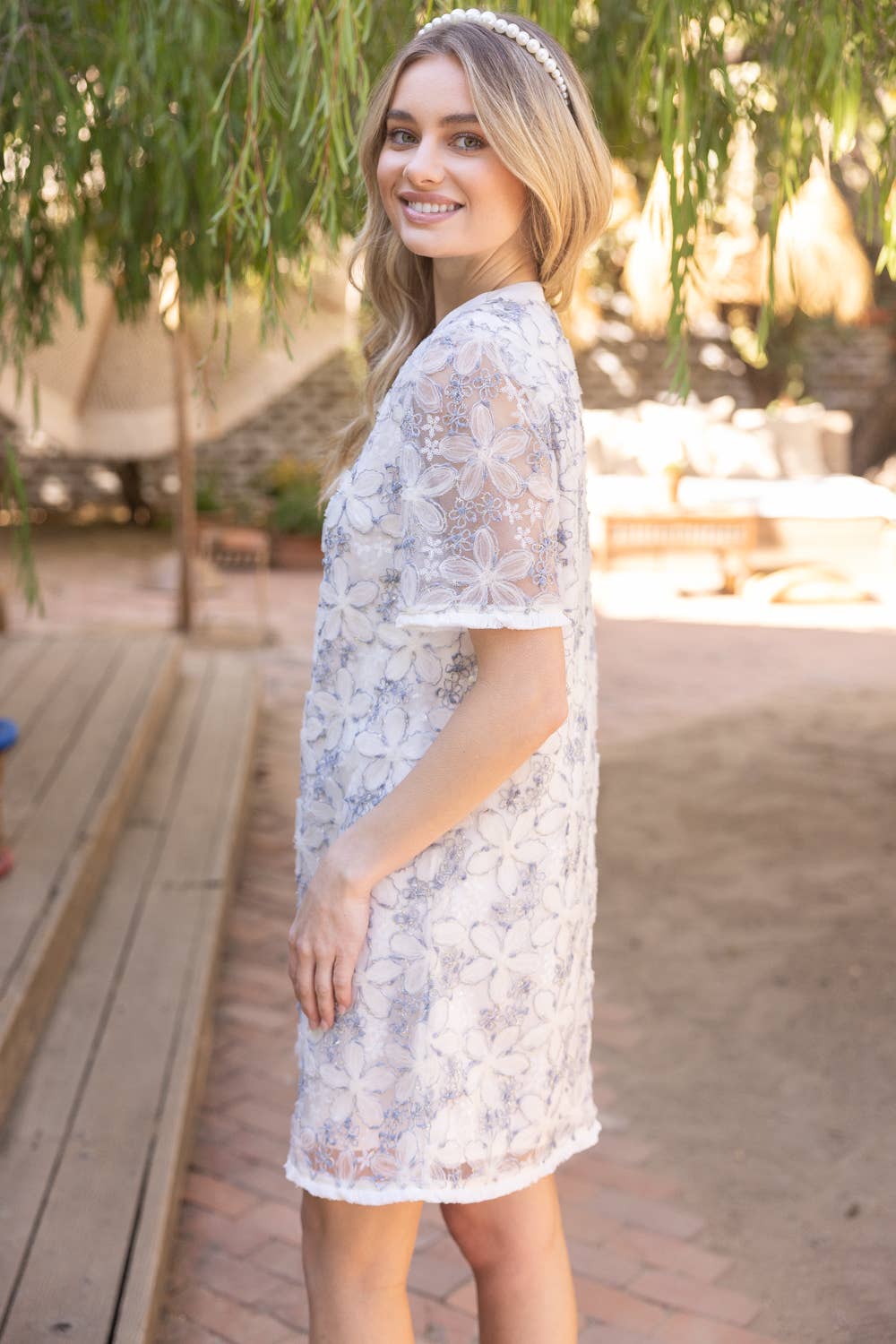 Fringed Floral Textured Mesh Shift Dress: Ivory