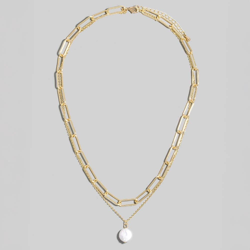 Pearl Coin Pendant Layered Chains Necklace