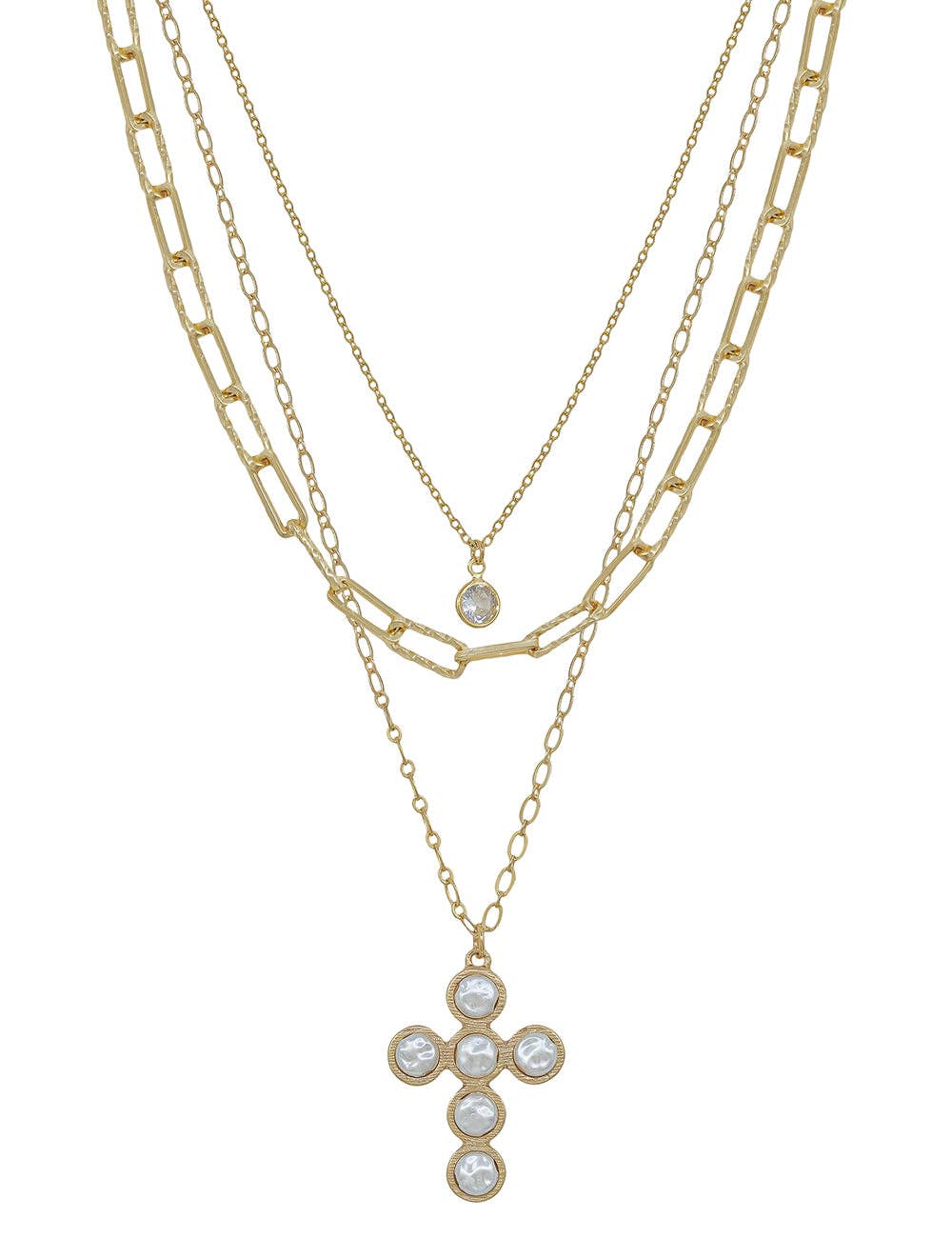 Gold Layered Necklace with Pearl Studded Cross 16"-18" Necklace