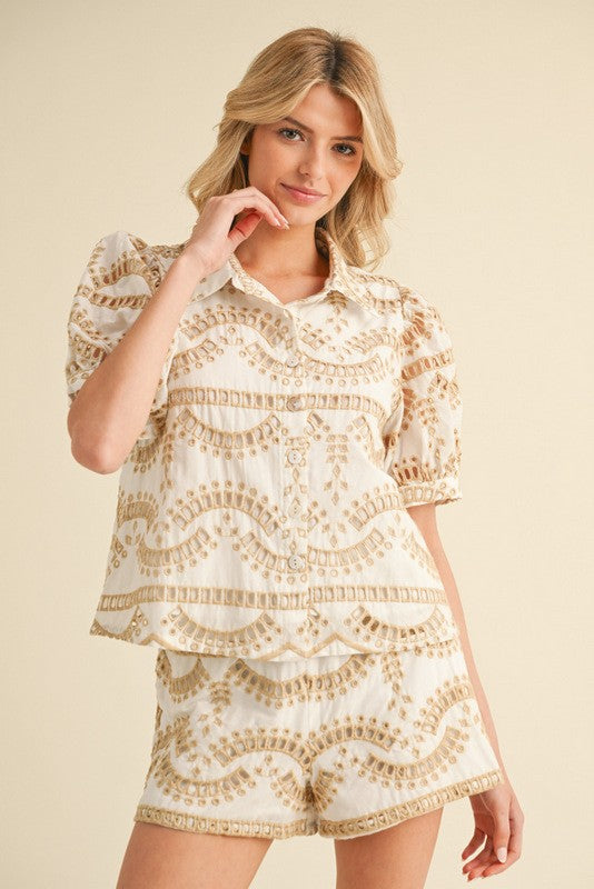 Taupe Geometric Pattern Embriodery Buttoned-up Top