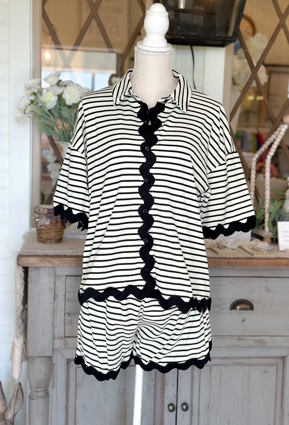 Stripe Black/White Rick Rack Trim Top/Shorts Set