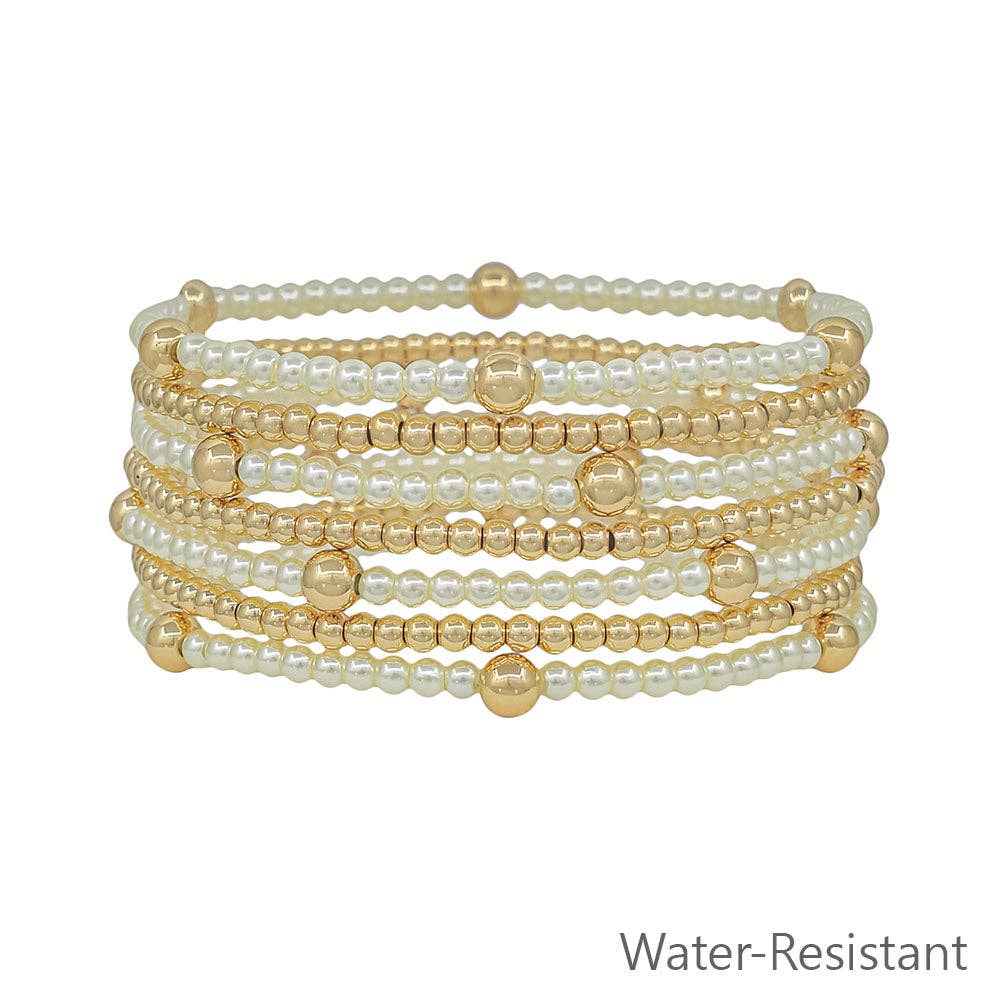 Water Resistant 3MM Pearl and Gold Beaded Set of 7 Stretch Bracelets