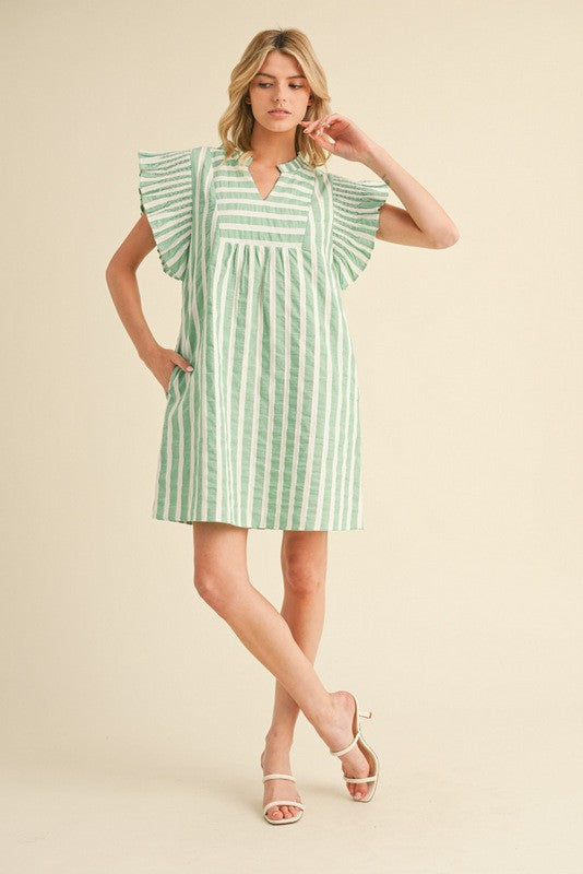 Mint Stripe Ruffle Sleeve Dress