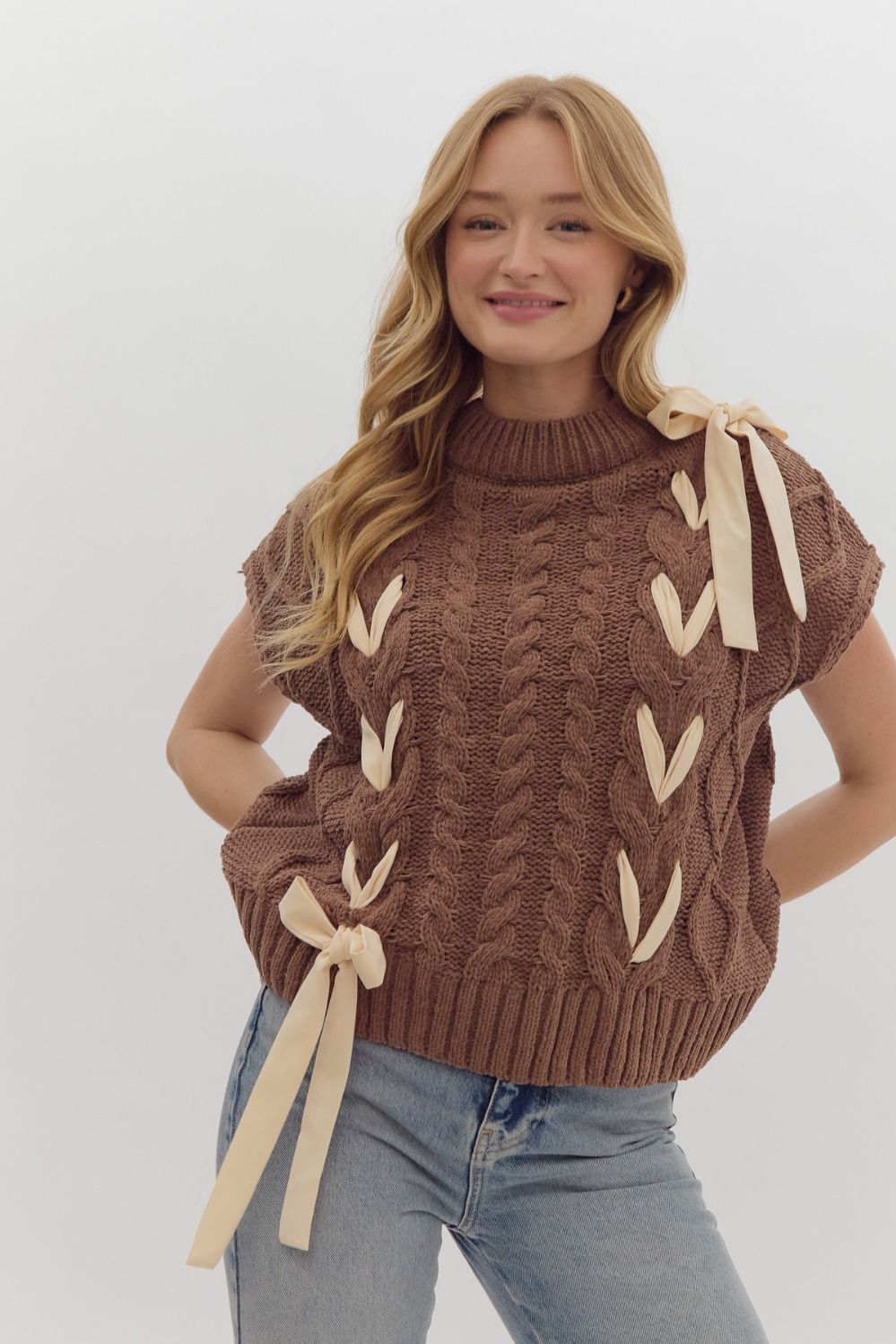 Brown Cable Knit Short Sleeve Sweater with Bow Detail
