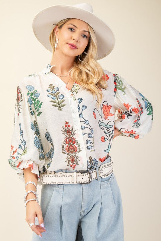 Off White Floral Button Down Top