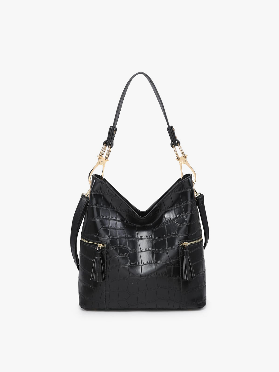 Rochelle Crocodile Print Hobo Bag: Black