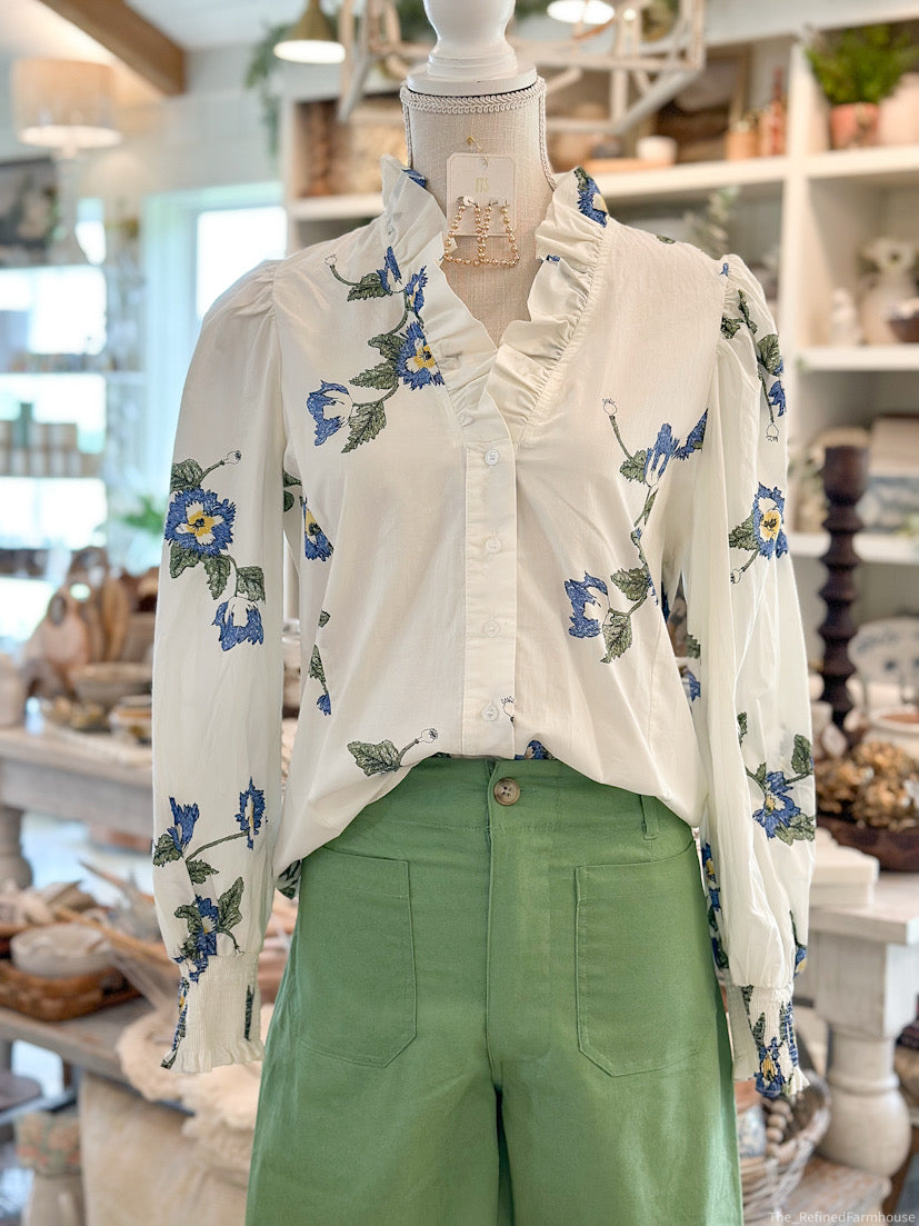 Ivory & Blue floral Printed button front smocked long sleeve top