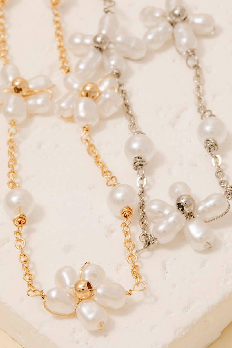 Pearl Beaded Flower Chain Bracelet Gold