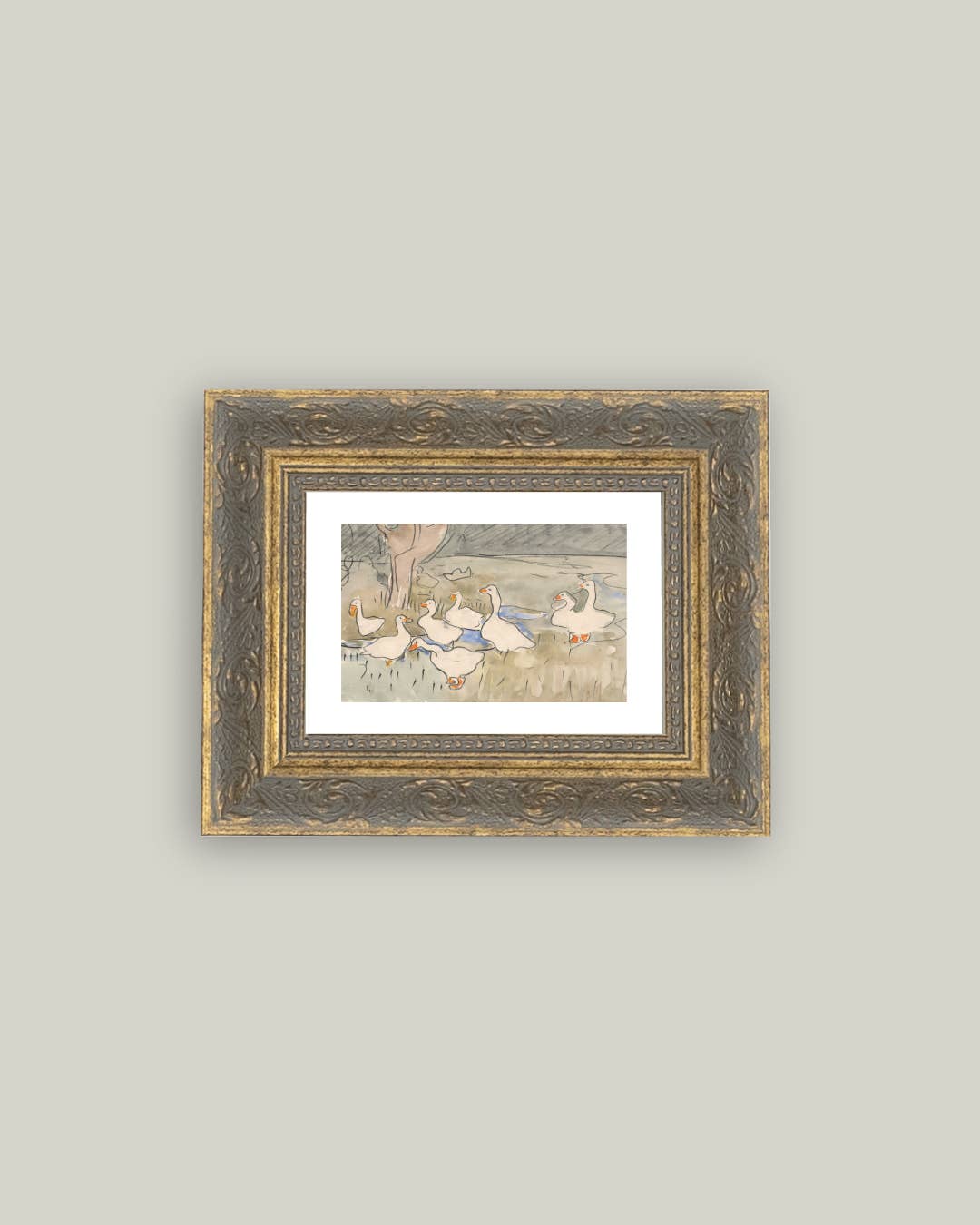 Geese Pond Framed Antique Art: 16x12