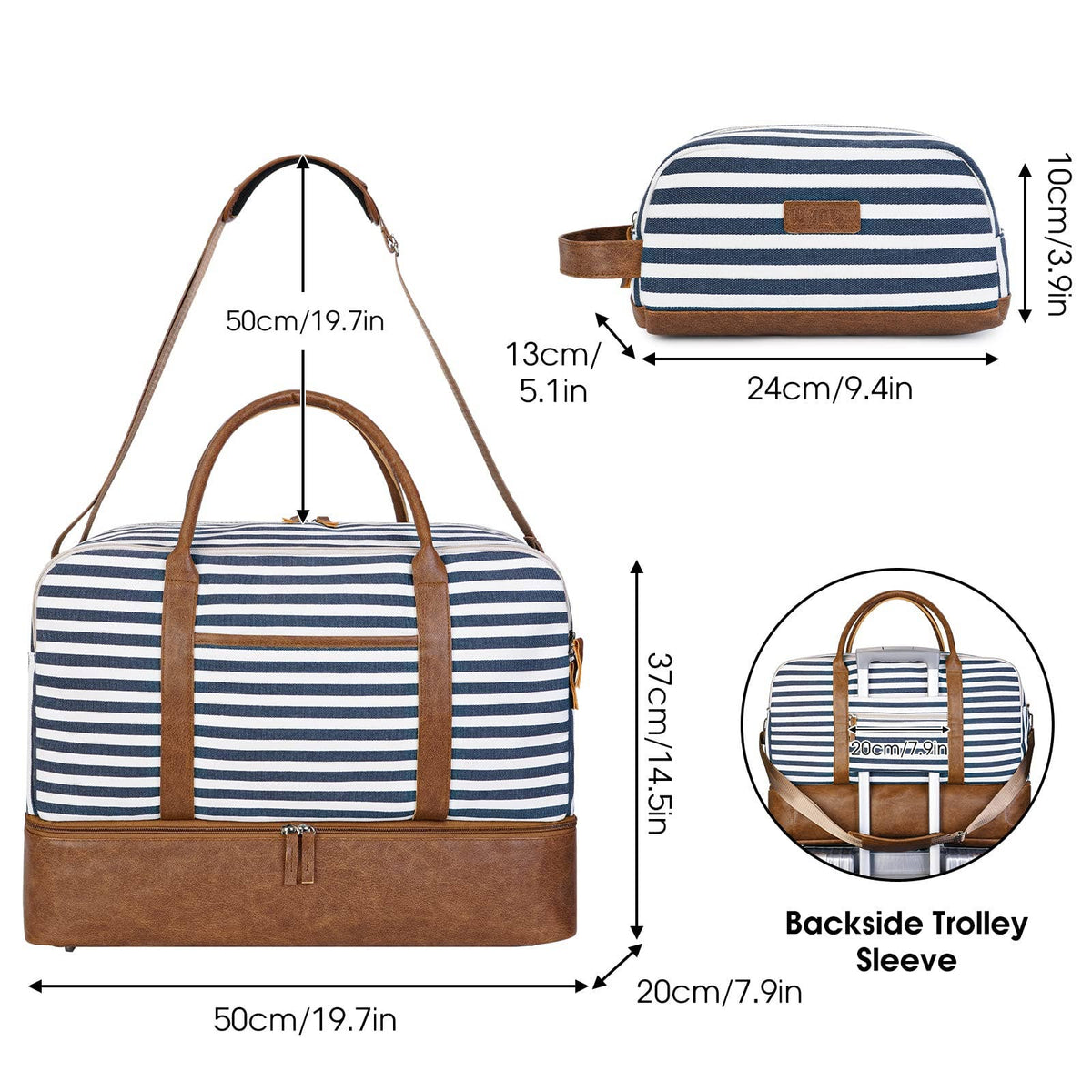 WANDF Large Carry on Canvas Duffel Bag for Travel Business: Blue Strips