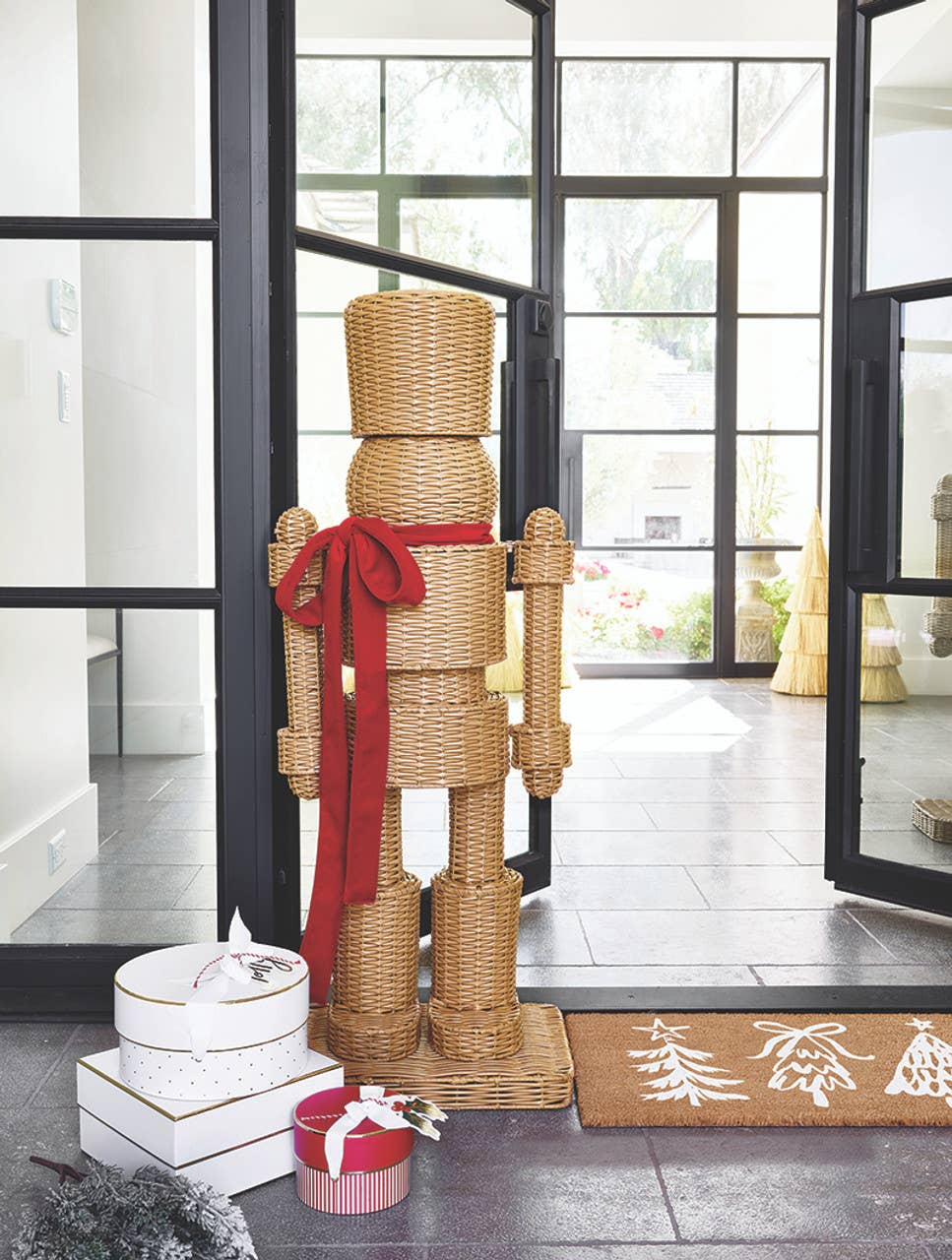 All Weather Rattan Nutcracker - Red: Rattan (Synthetic), Metal, Velvet Bow, 48" H x17.5" W x 12" D