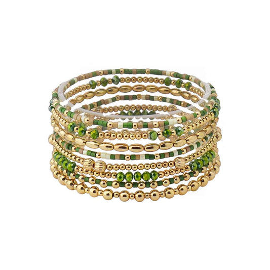 Set of 8 Green Seed Bead & Crystal and Gold Stretch Bracelet