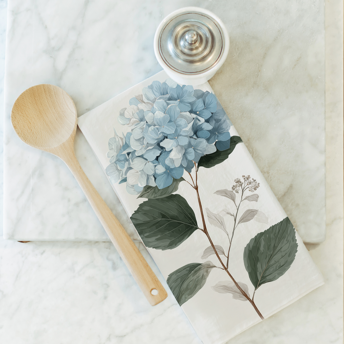 Blue Hydragea Tea Towel: White