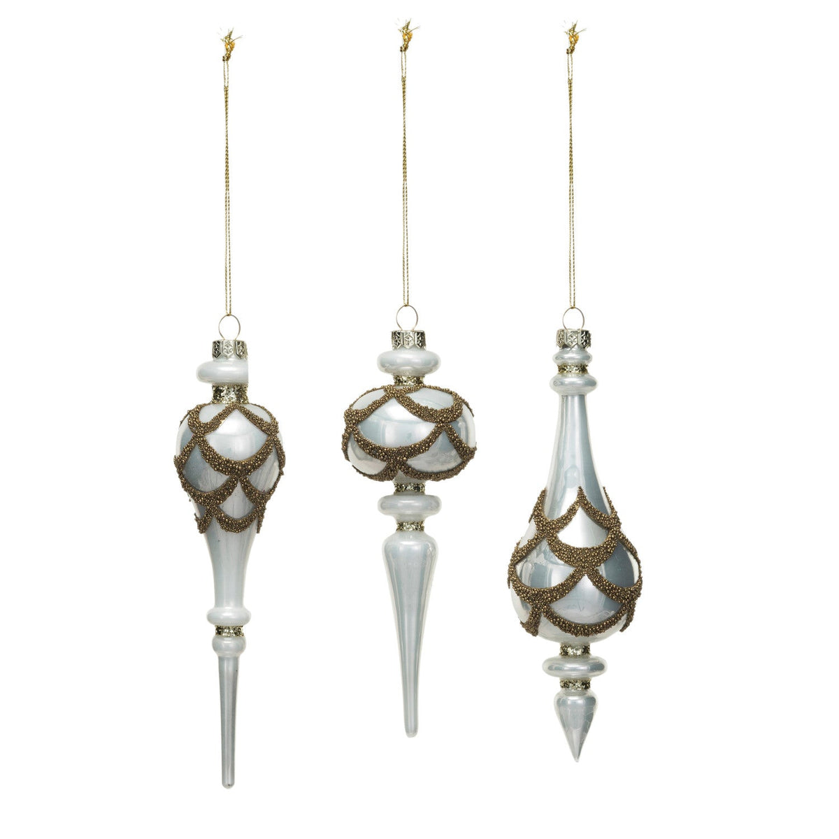 Glass Finial Ornament w/ Beads, White & Gold Finish | 3 Styles
