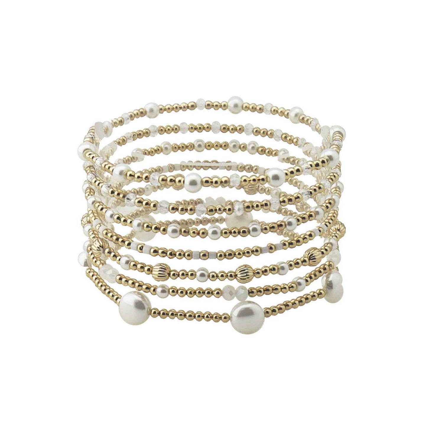 Set of 7 Gold Beaded and Pearl Stretch Bracelets