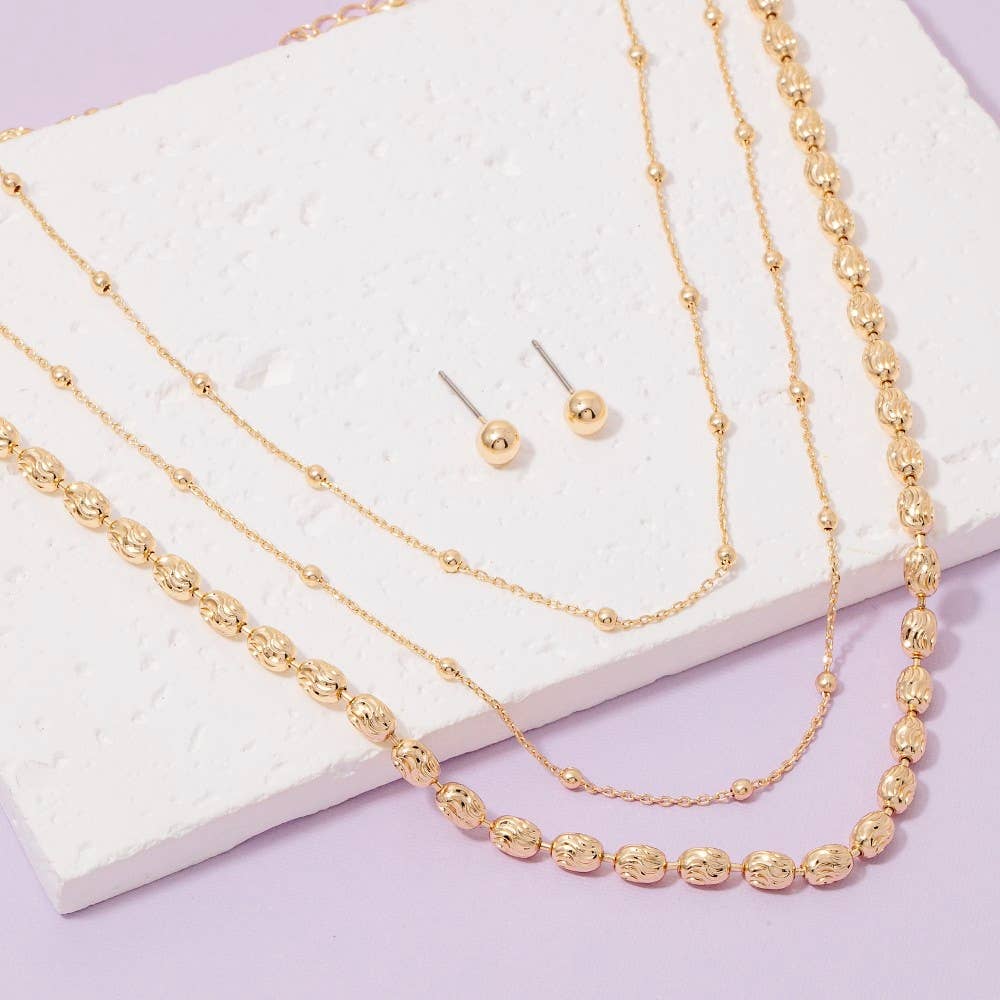 Intricate Metallic Beaded And Chain Layered Necklace Set
