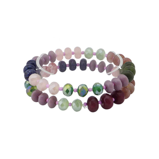 Set of 2 Dark Multi, Cream, and Natural Beaded Stretch Bracelets