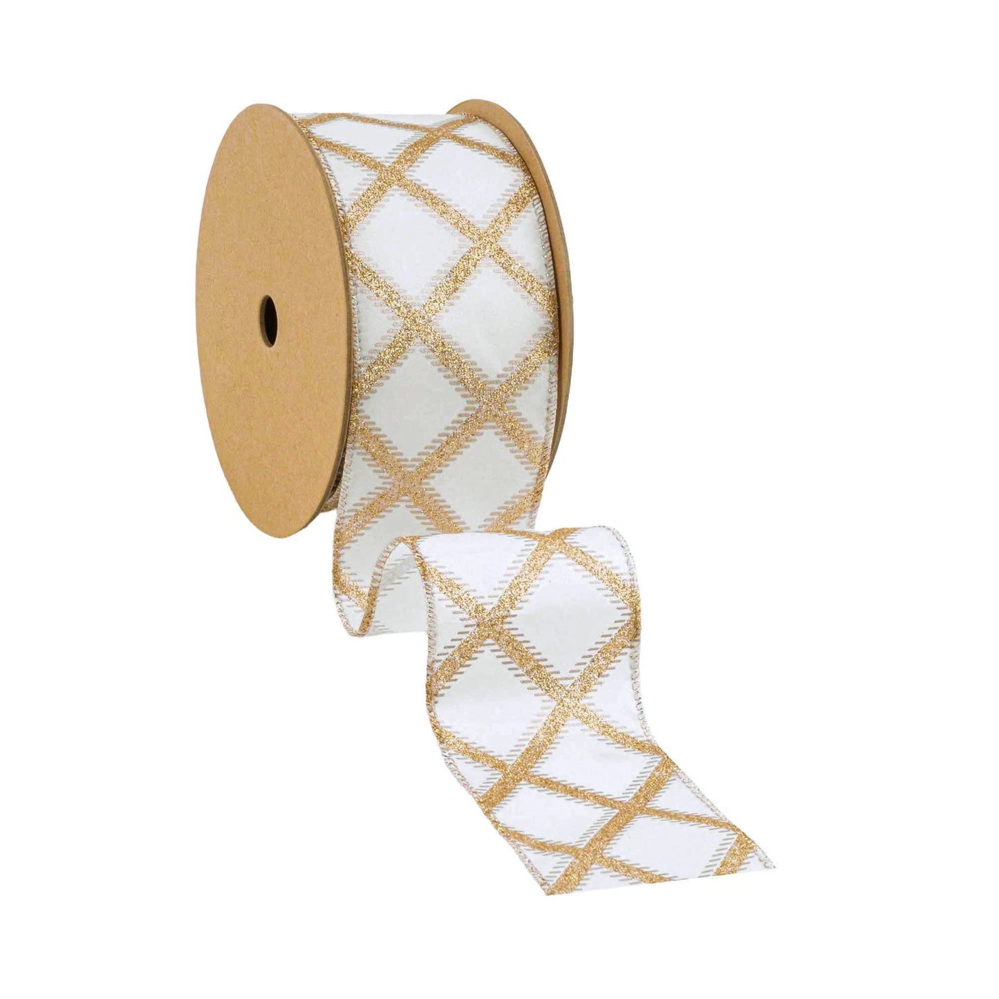 2 1/2" Gold Glitter Diamonds Wired Ribbon on Ivory | 10 Yard Roll