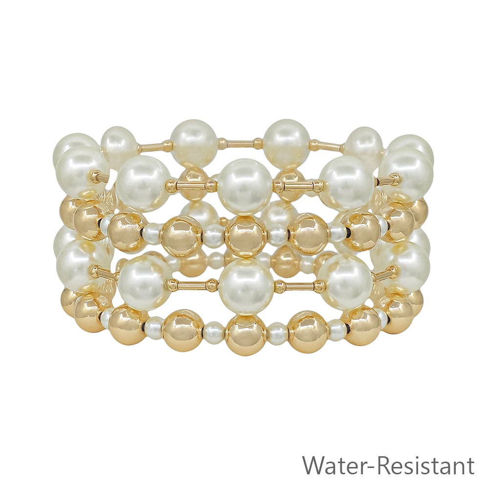 Water Resistant Gold Beaded and Pearl 10MM Set of 4 Stretch Bracelets