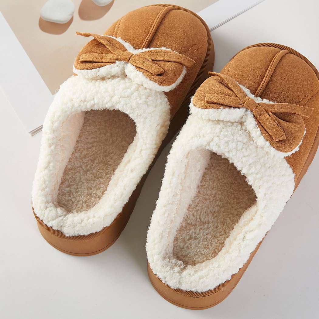 Cozy Faux Fur Lined Bow Indoor Slippers: CAMEL, ONE SIZE