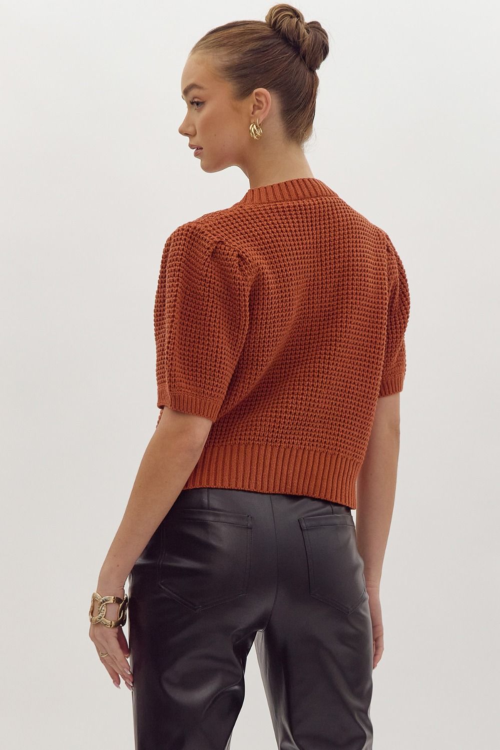 Solid V-Neck Rust Short Sleeve Textured Sweater