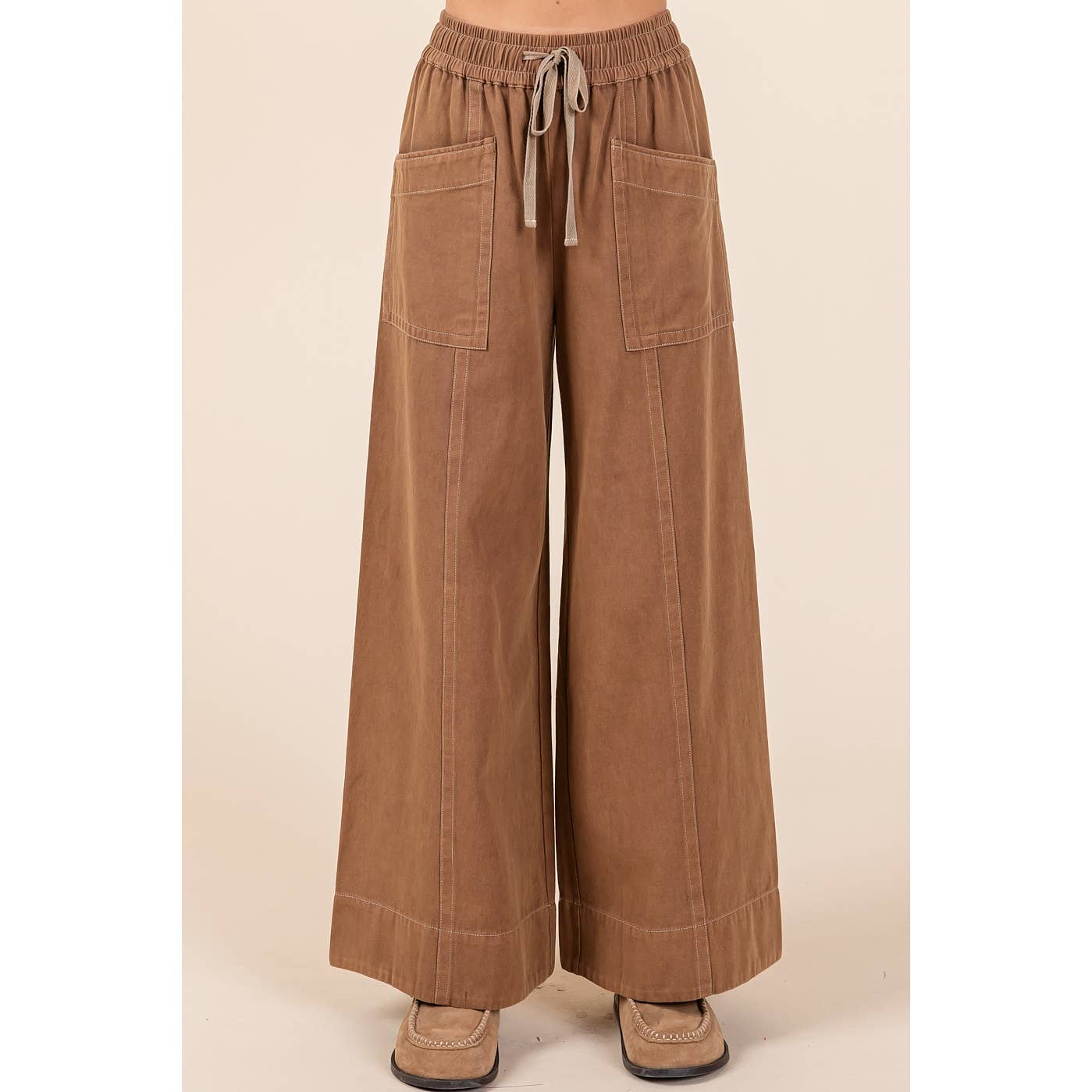 MINERAL WASH WIDE LEG ELASTIC WAIST TWILL PANTS: RED BEAN, S-M-L(2-2-2)