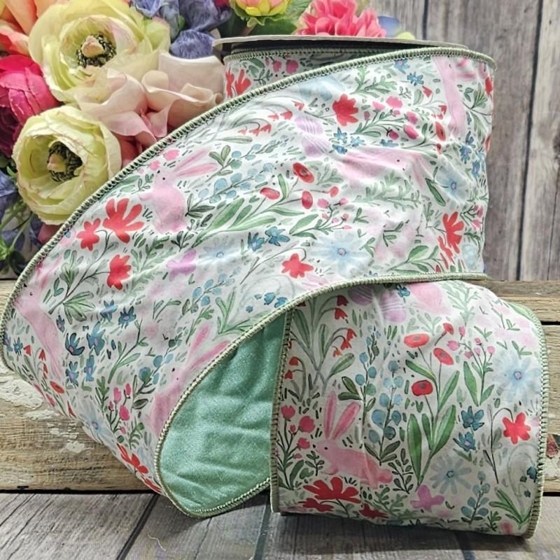 4" Poplin watercolor floral bunny, white pink red