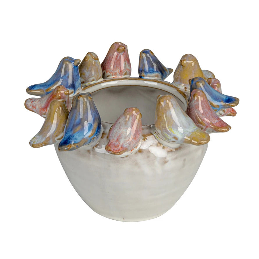 Stoneware Planter with Birds on Rim 5"