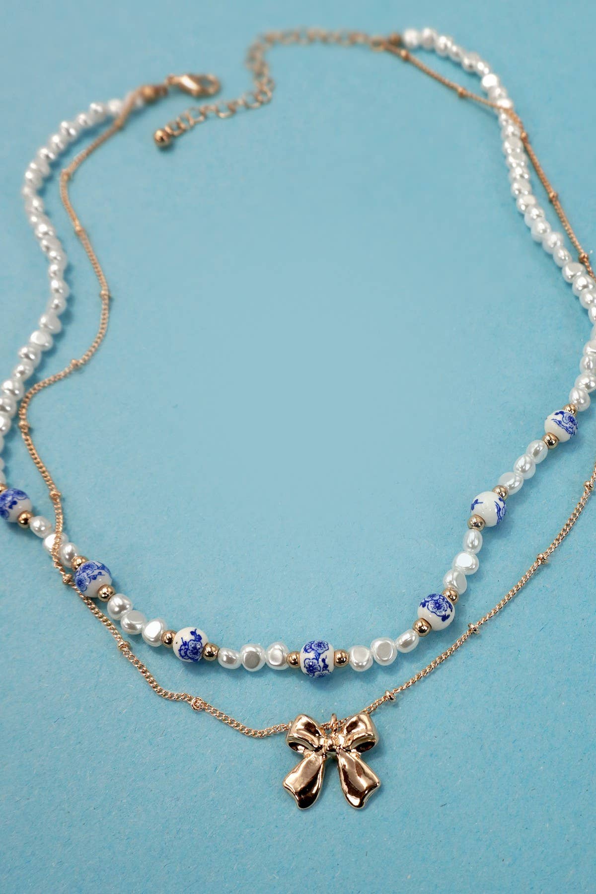 Gold & Blue Ceramic Porcelain Pearl Bow Layer Necklace