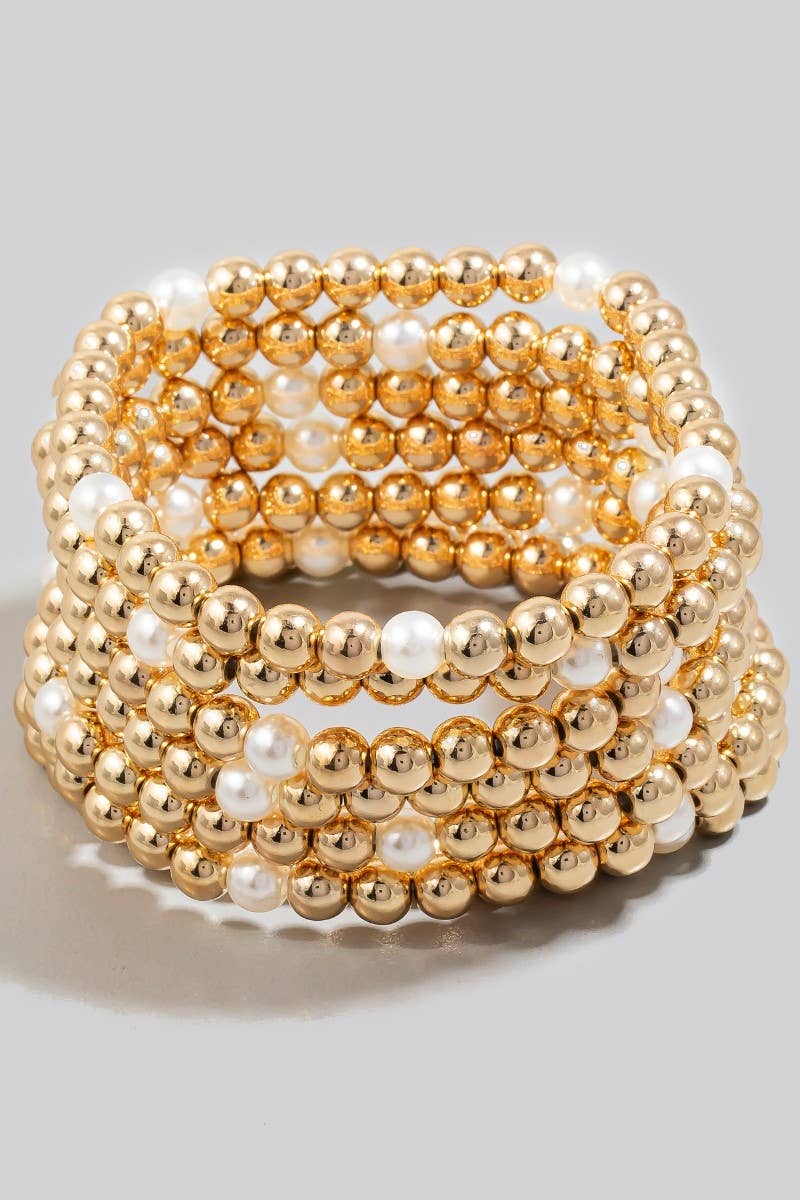 Metallic And Pearl Ball Beaded Bracelet Set: GCRM