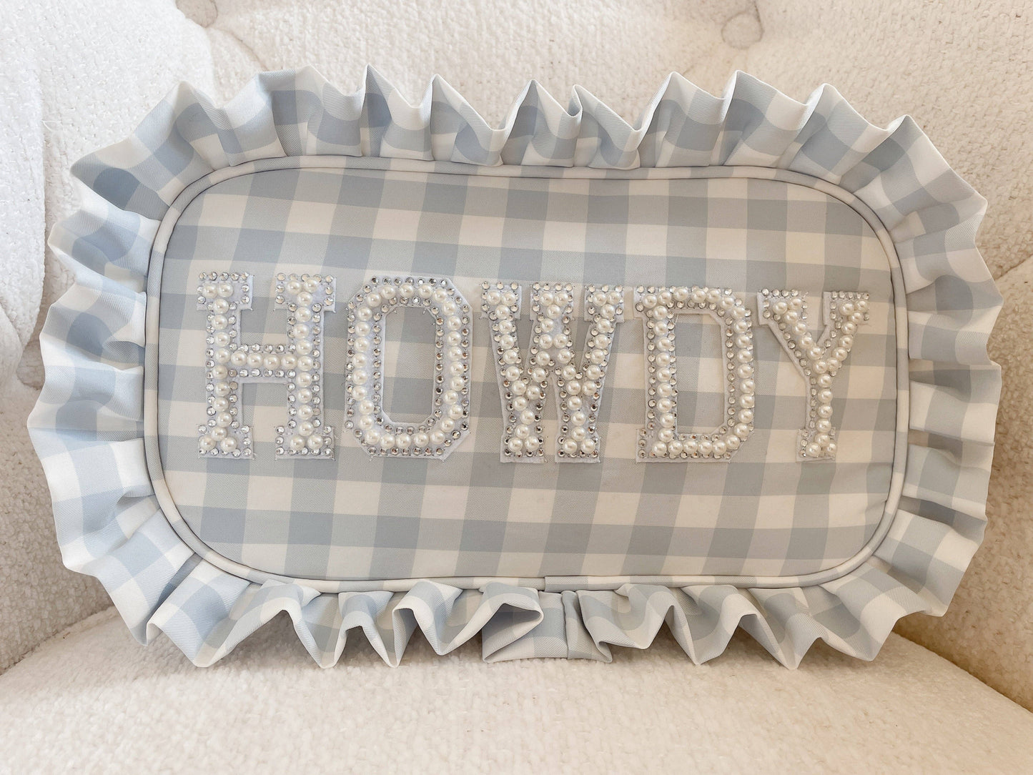 HOWDY Blue Gingham Pearl Cosmetic Bag