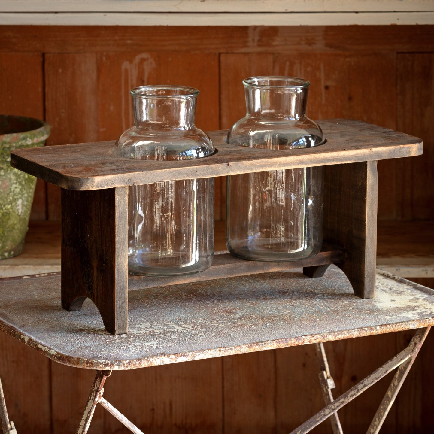 Wooden Flower Stand with 2 Large Bottles