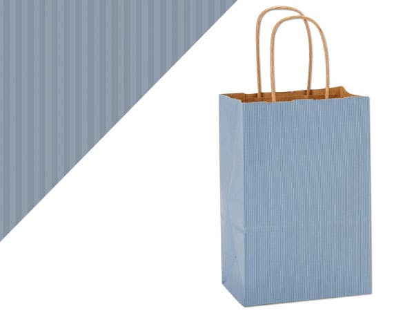 Recycled Shadow Stripe Kraft Paper Retail Shopping Bags: French Blue, 25 Pack, Vogue 16x6x13"
