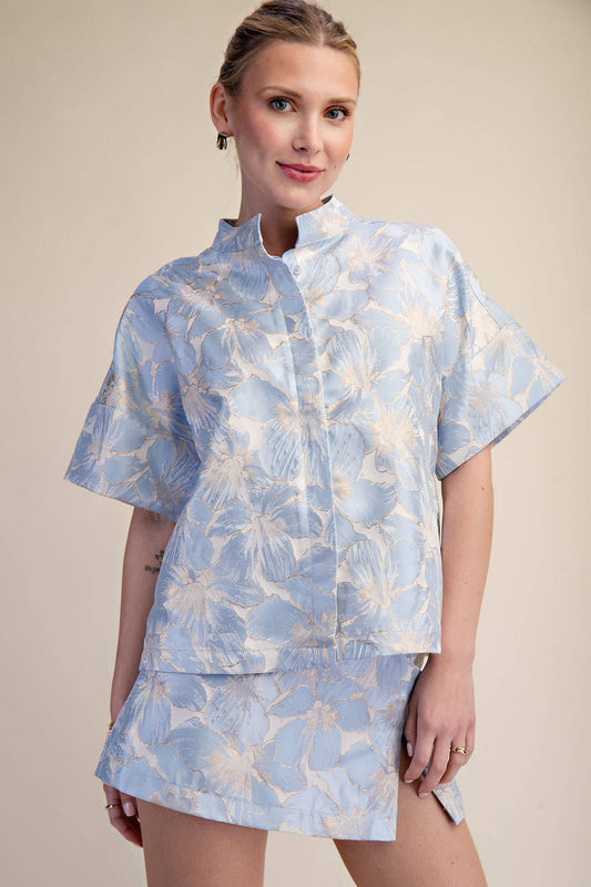 Powder Blue Bloom Jacquard Top