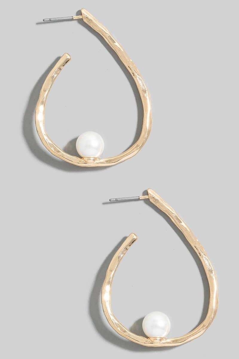 Pearl Bead Large Warped Metallic Teardrop Hoop Earrings